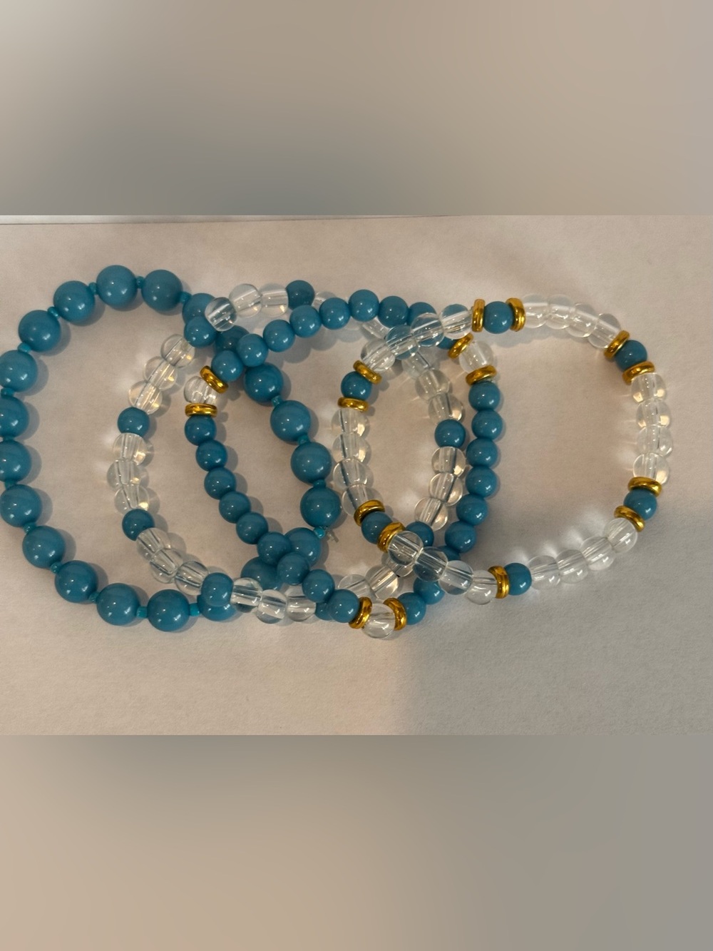 Blue Beaded Stretch Bracelet Set of 4 with Gold Accents